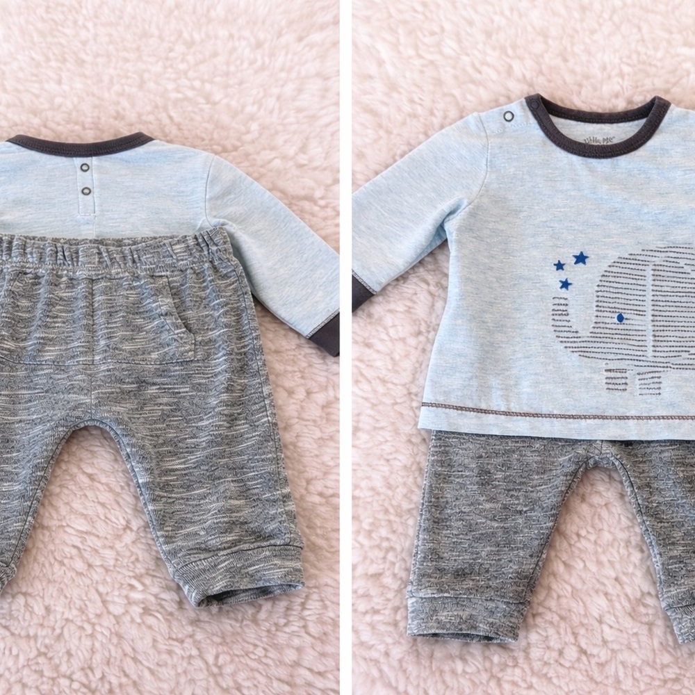 Little Me Baby Outfit Set 6M Blue Elephant Top + Gray Pants